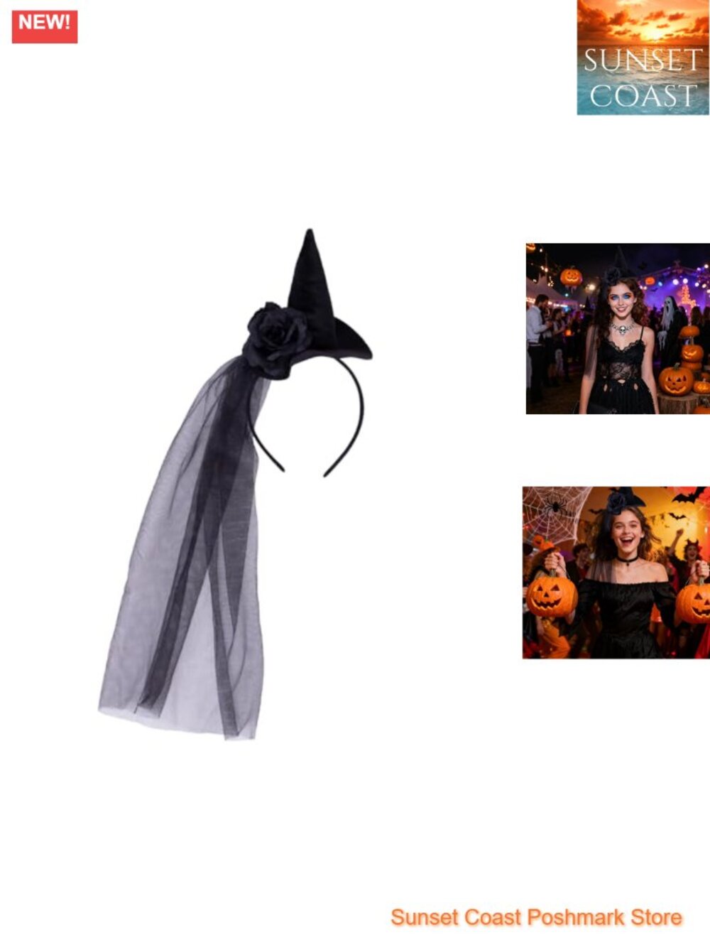 IKOLA Gothic Witch Hat Headband with Black Rose Veil Hair Accessory